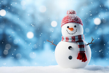 Snowman in winter with blurred background