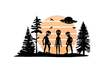 silhouette of ufo and forest vector. three aliens in the forest vector silhouette