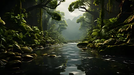 Foto op Plexiglas River meandering through the vibrant dense jungle. The sun is casting a glow on the crystal-clear water. Beauty of a tranquil rainforest with a natural waterway. © Piotr