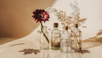 New naturalism, flowers, transparent glass jars, bottles, vials. Reflections, distorted floral elements. Beige background. Natural sunlight, long shadows. Red gerbera, exotic leaves. AI generate.