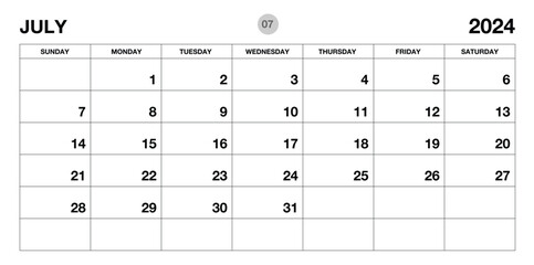 July 2024 year planner template, calendar 2024 template, monthly and yearly planners. organizer diary. week start Sunday, corporate planner template, Desk calendar 2024, Horizontal layout, vector