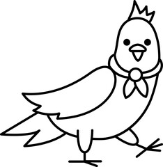 Black and white pigeon in scarf. City bird vector illustration. Cute character line icon or coloring page. French symbol picture.