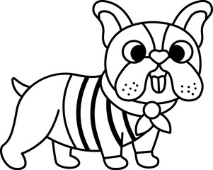 Bulldog in scarf and stripy shirt. Black and white domestic animal vector illustration. Cute line dog character icon or coloring page. French symbol picture.