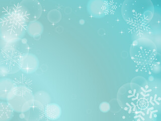 雪の結晶と玉ボケのフレーム背景/水色