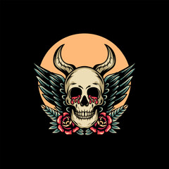 Skull WIth Wings Retro Illustration