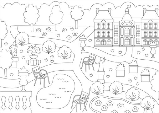Vector black and white Luxembourg garden in Paris landscape illustration. French capital city park line scene with palace, benches, chairs, sculptures. Cute France background or coloring page.