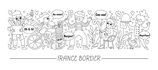 Vector black and white horizontal border set with French people. France card template design with cute characters. Funny line border or coloring page with cook, mime, woman riding a bike. © Lexi Claus