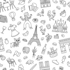 France symbols black and white vector seamless pattern. Repeating line background with French sights, food, Eiffel tower, animals, baguette, croissant. Cute Paris digital paper or coloring page.