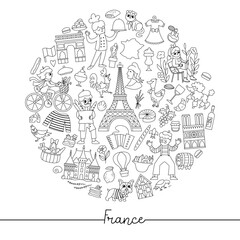 Vector black and white French round frame with people, animal, Eiffel tower, traditional symbol. Touristic France card template for banners, invitations. Cute line illustration or coloring page .