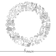 Vector black and white French round frame with people, animals, Eiffel tower, traditional symbols. Touristic France wreath card template for banners. Cute line illustration or coloring page .