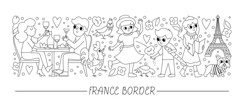 Vector black and white horizontal border set with French people. France card template design with cute characters. Funny line border or coloring page with woman and man eating, Eiffel tower.