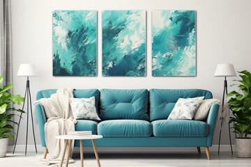 Abstract oil painting of sea and ocean on canvas, displayed as a triptych in an interior. Generative AI