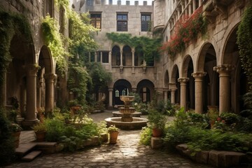 An old castle's inner yard with historic architecture and serene surroundings. Generative AI