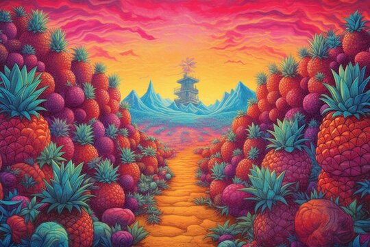 A colorful artwork of a pineapple field. Generative AI