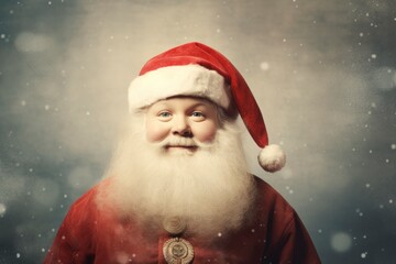 Funny Vintage smiling Santa Claus studio Portrait on a snowy background. horizontal banner wallpaper emery christmas card, copy space for text 