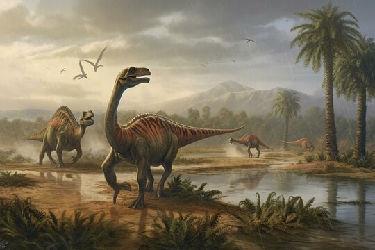 Illustration depicting titanosaurs and dromaeosaurs. Generative AI