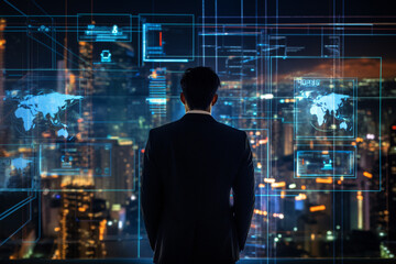 Fototapeta premium Successful businessman in illuminated office building at night, exuding confidence and professionalism with digital financal data. AI Technology