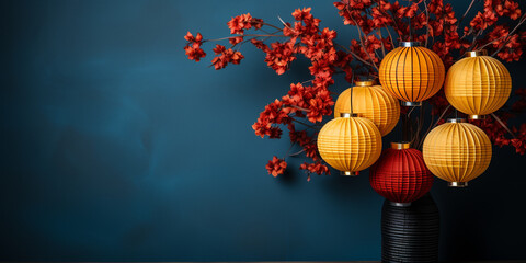 Fototapeta premium yellow lantern and red flower chinese new year