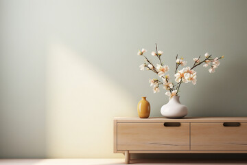 white vase with flowers on the table with a beautiful wall background 