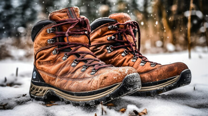 close up of a pair of boots on snow