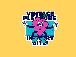 Set of trendy happy food sticker in vintage cartoon style. Retro cooking ingredient, vegetarian character label illustration collection on isolated background. Funny fruit mascot.