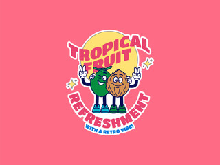 Set of trendy happy food sticker in vintage cartoon style. Retro cooking ingredient, vegetarian character label illustration collection on isolated background. Funny fruit mascot.