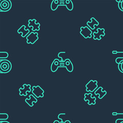 Set line Gamepad, Puzzle pieces toy and Yoyo on seamless pattern. Vector
