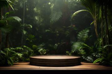Wooden podium in tropical forest for product presentation - obrazy, fototapety, plakaty