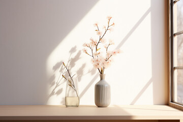 vase with flowers in front of a window and on a wooden table with a beautiful wall background