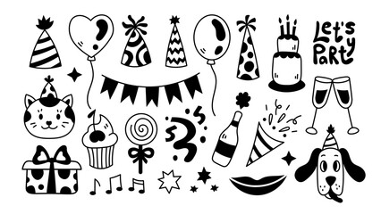 Obraz premium Party doodle elements set. Hand-drawn sketch festive accessories for invitation, birthday, event. Funny black line art symbols. Vector illustration on white background.