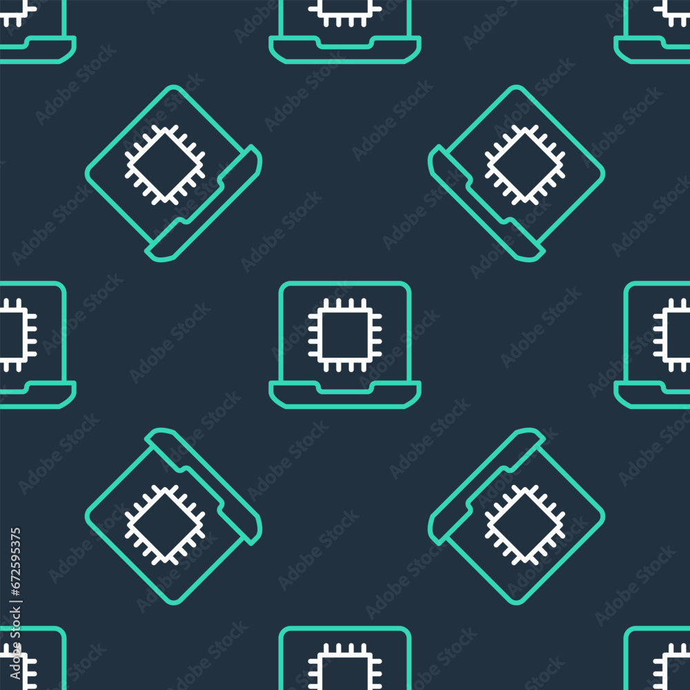 Poster line computer processor with microcircuits cpu icon isolated seamless pattern on black background. c
