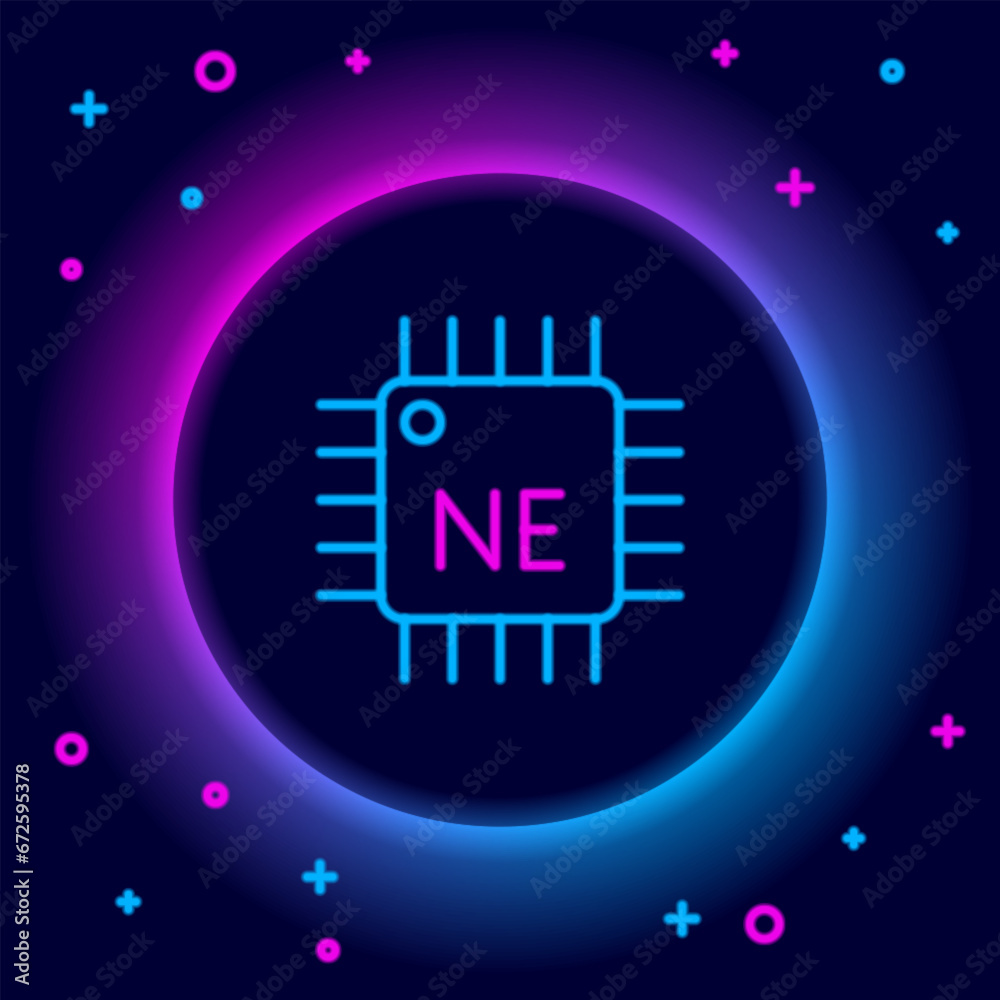 Poster glowing neon line computer processor with microcircuits cpu icon isolated on black background. chip 