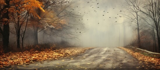 The digital manipulation of a photo creates an aged appearance with an old road covered in fallen leaves and surrounded by autumn trees