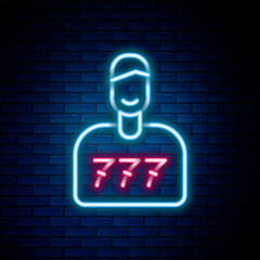 Glowing neon line Lucky player icon isolated on brick wall background. Colorful outline concept. Vector