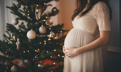Close up of pregnant woman in beautiful beige dress touching her belly on the background of decorated fir tree. Happy pregnancy, New Year and Christmas concept. Banner with copy space. - obrazy, fototapety, plakaty