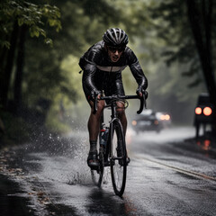 Rainy City Commute Cyclist in Motion on Wet Road with Helmet and Winter Gear - obrazy, fototapety, plakaty