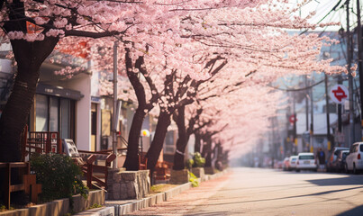 street city with sakura blossoms