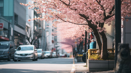 beautiful city street with sakura blossoms