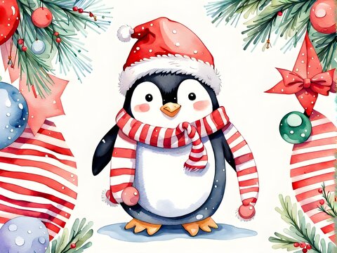 Watercolor Cute Penguin With Hat and Scarf in Christmas Time Background