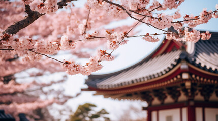 beautiful asian temple with sakura flower - obrazy, fototapety, plakaty