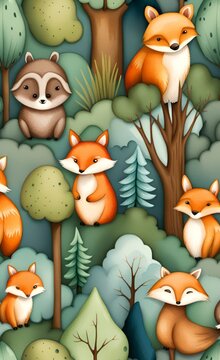 Woodland seamless pattern. Animals and trees wallpaper design hand painted with watercolor, Generative AI