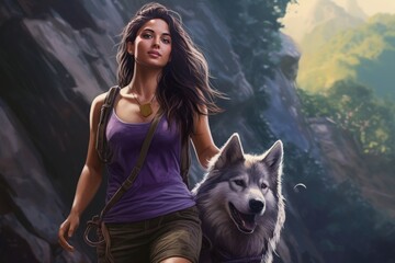 Young woman hiker with her dog in the mountains. Travel and adventure concept. Generative AI.