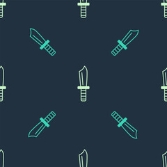 Green and beige Military knife icon isolated seamless pattern on blue background. Vector