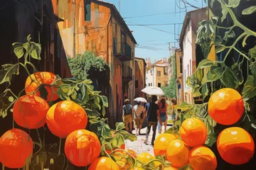 Foto op Canvas Colorful oil painting of a group of people walking in the streets with oranges. Generative AI. © YULIIA