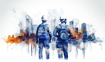 Double exposure of worker group. Construction engineer civil team work banner