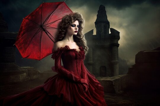 A woman in red dress with red umbrella, in the style of gothic dark and ornate, grandiose ruins. Generative AI.