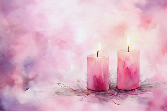Pretty loose watercolour style image of a christmas scene of two pink lit candles, and a pink wash watercolour background.. Perfect as a card, invitation, social media or website header