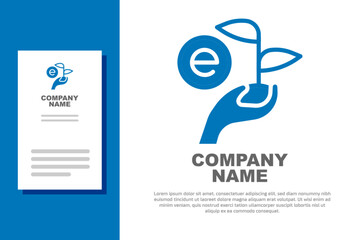 Blue Leaf in hand of environmental protection icon isolated on white background. Seed and seedling. Planting sapling. Ecology concept. Logo design template element. Vector