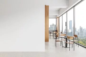 Fotobehang White and wooden cafe interior with blank wall © ImageFlow