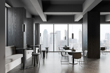 Gray and wooden cafe interior with sofa